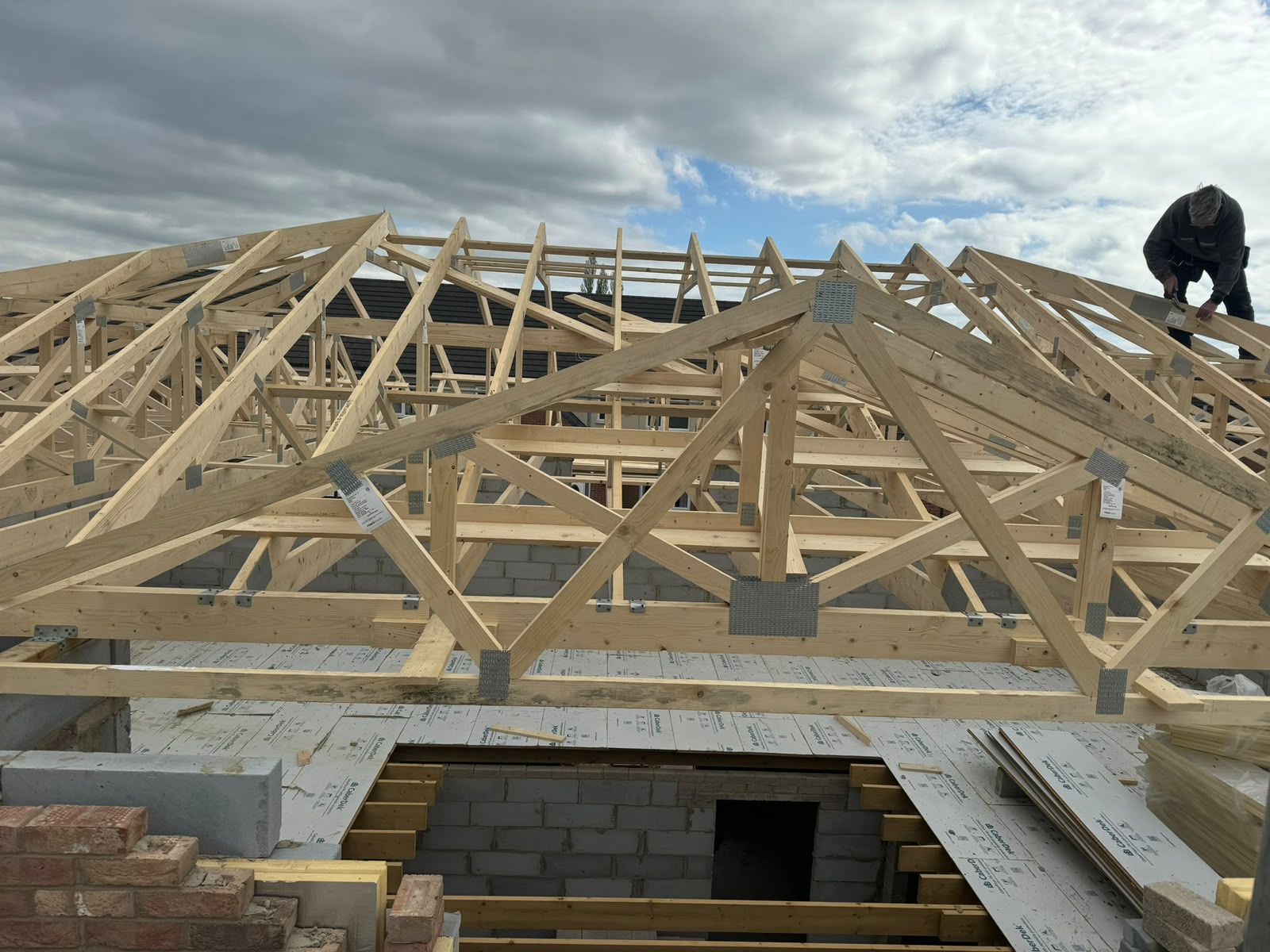 New timber roof truss frame erected on a property