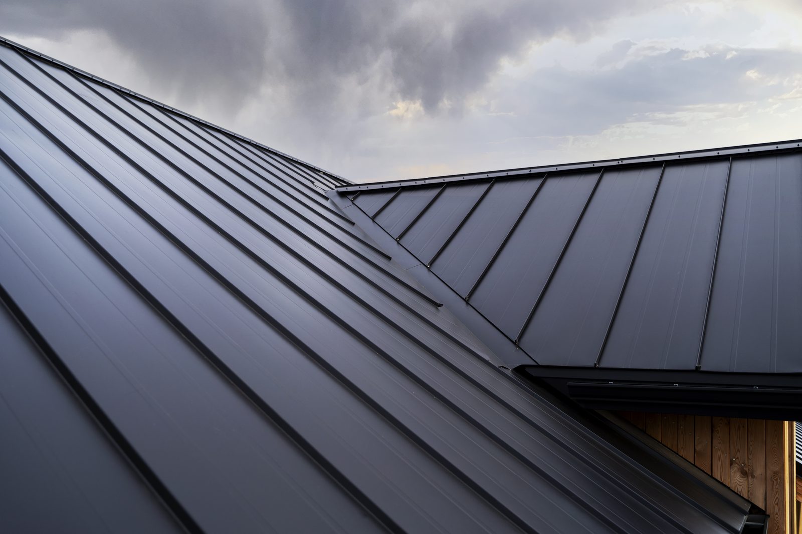 A standing seam metal commercial roof